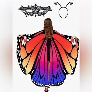 3 Piece Butterlfy Wing Shawl Cape Halloween Costume w/ Mask & Antennas Headband